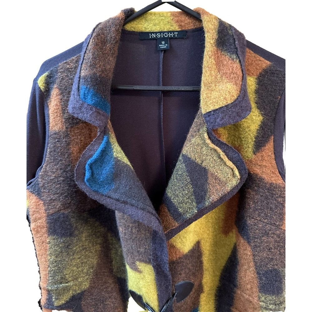 V278, INSIGHT Women’s FELTED Brown Yellow Red WOOL Blend Cardigan Size 12 - Picture 2 of 11